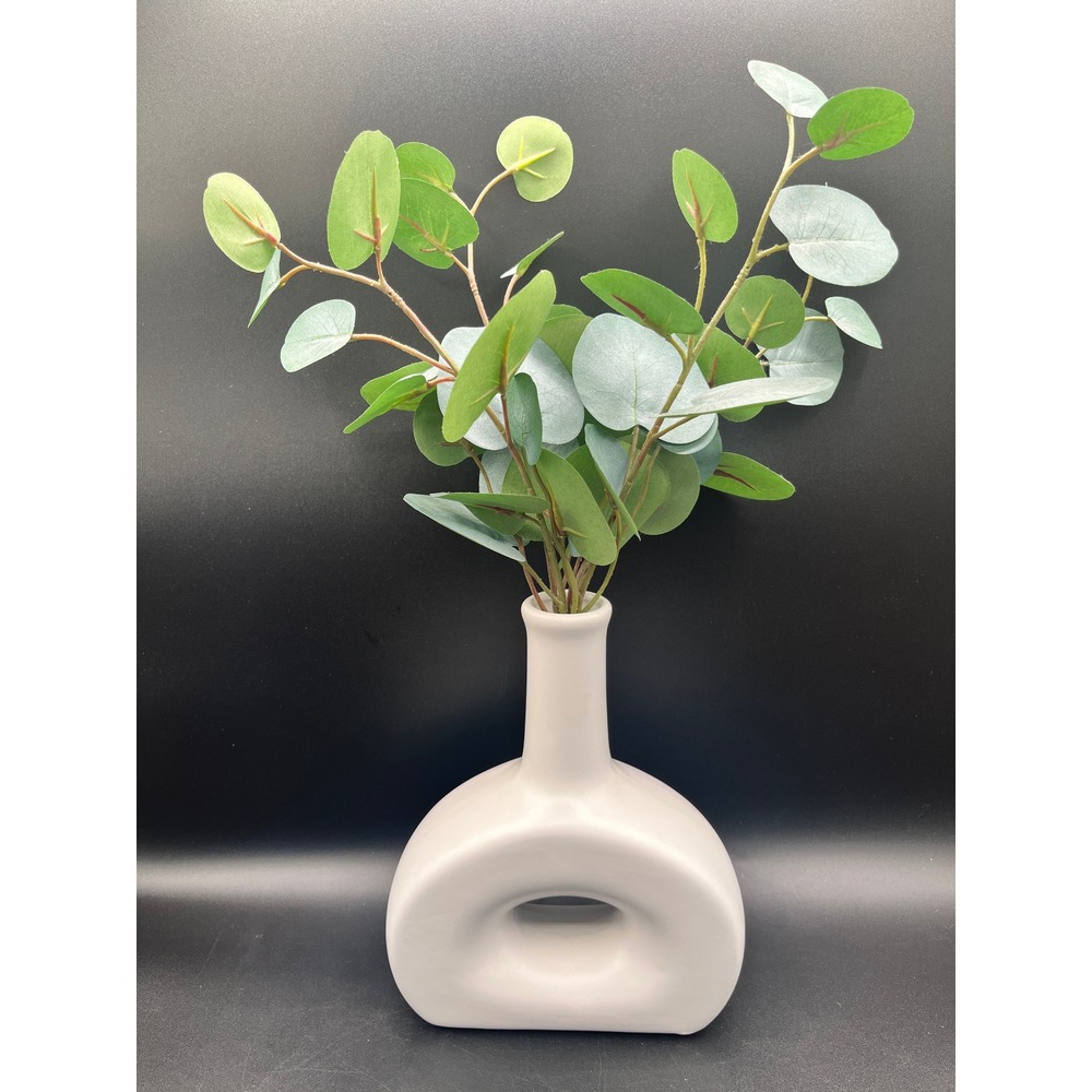 Abstract Modern Matte White Ceramic Donut Vase Faux Eucalyptus Greenery 8 x 6.5" - Picture 2 of 11